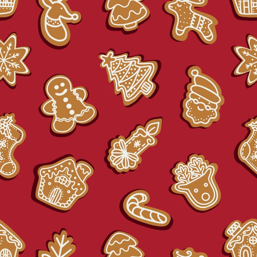 Seamless vector pattern of traditional gingerbread cookies of various shapes for Christmas celebration on a red background