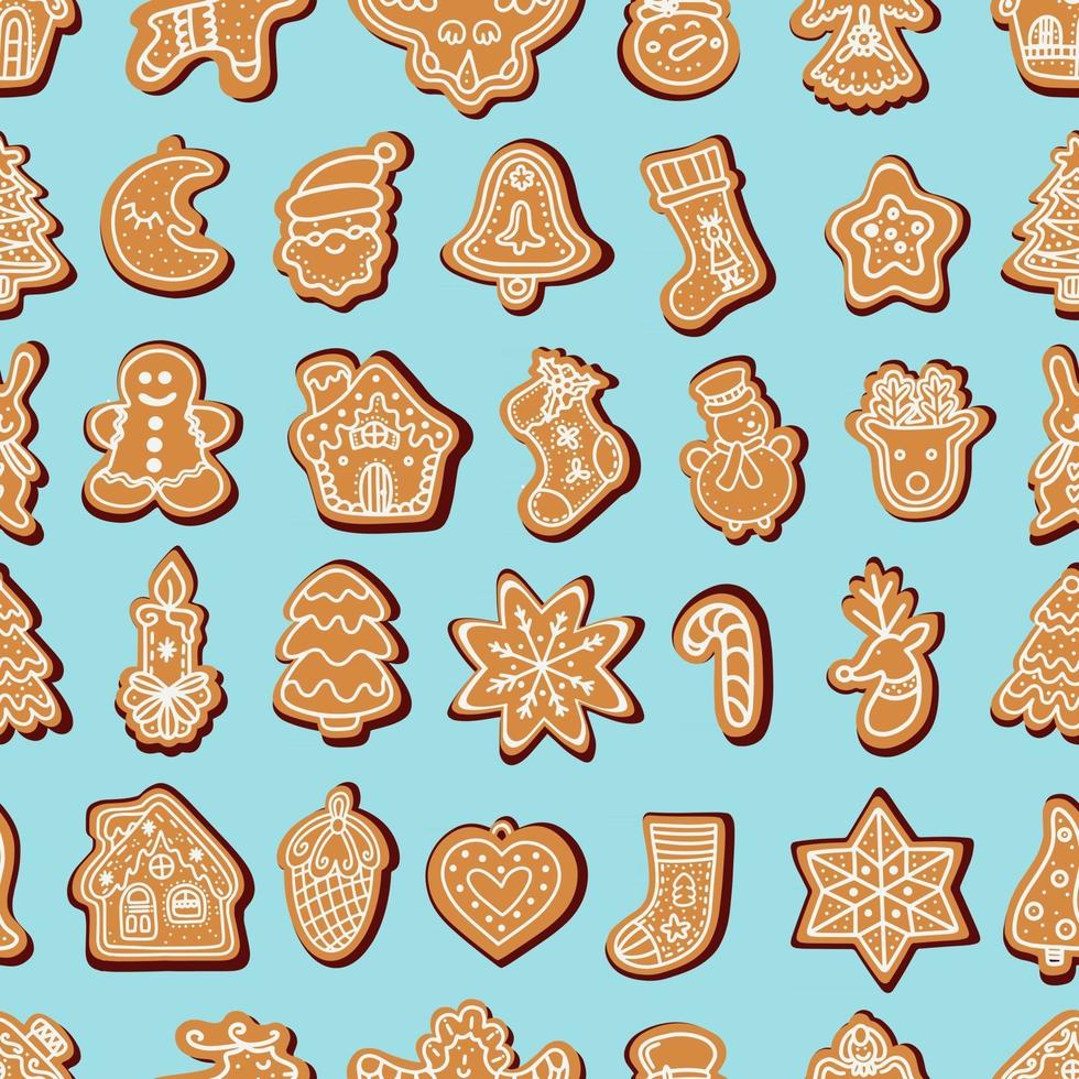 Seamless vector pattern of traditional gingerbread cookies of various shapes for Christmas celebration amidst snowflakes against blue background