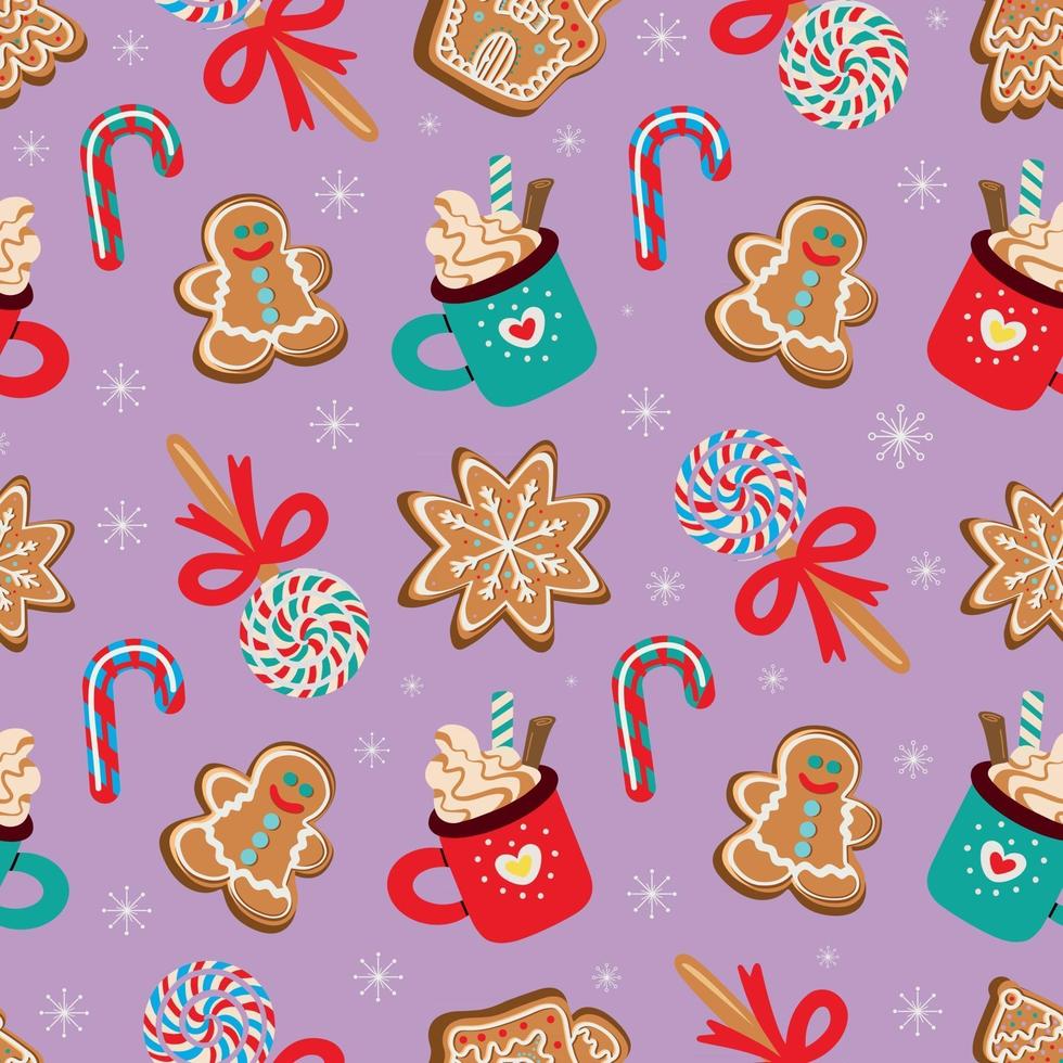 Seamless vector pattern of assorted traditional desserts for Christmas celebration on purple background