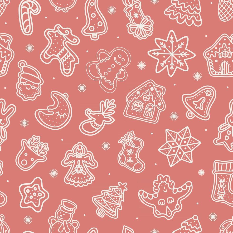 Seamless vector pattern of traditional gingerbread cookies of various shapes for Christmas celebration amidst snowflakes against pink background