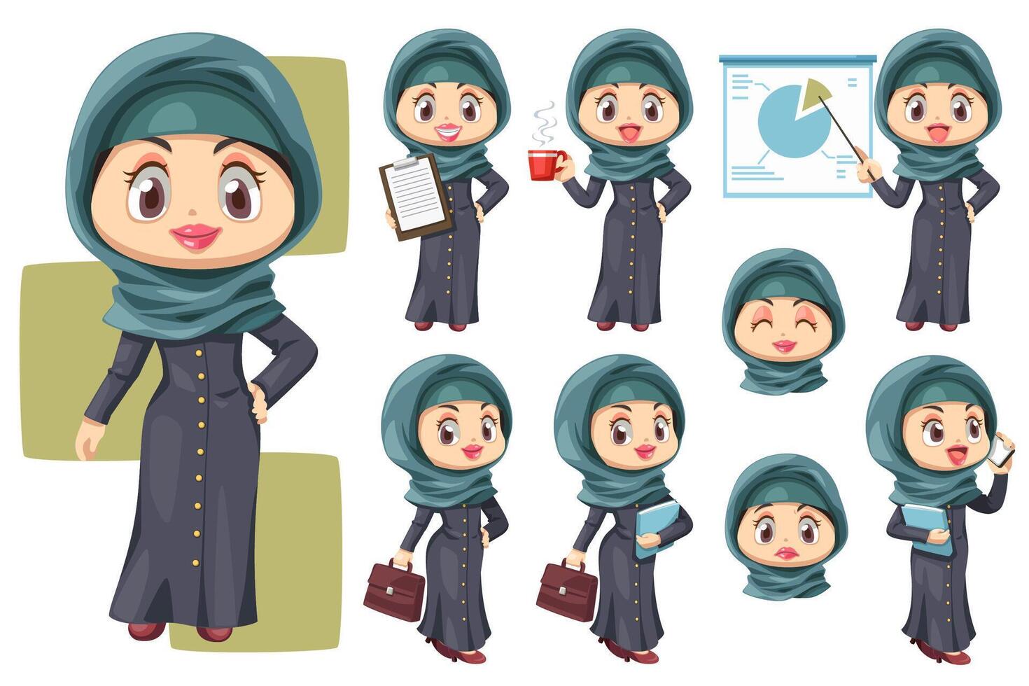 Happy muslim businesswoman wearing hijab in difference compose vector