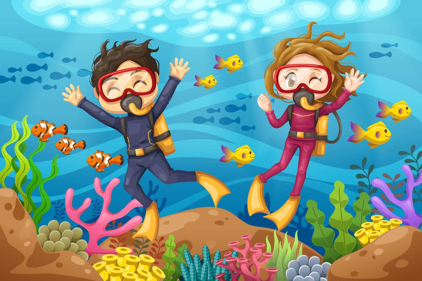 Young man and woman scuba diver dives under the sea vector