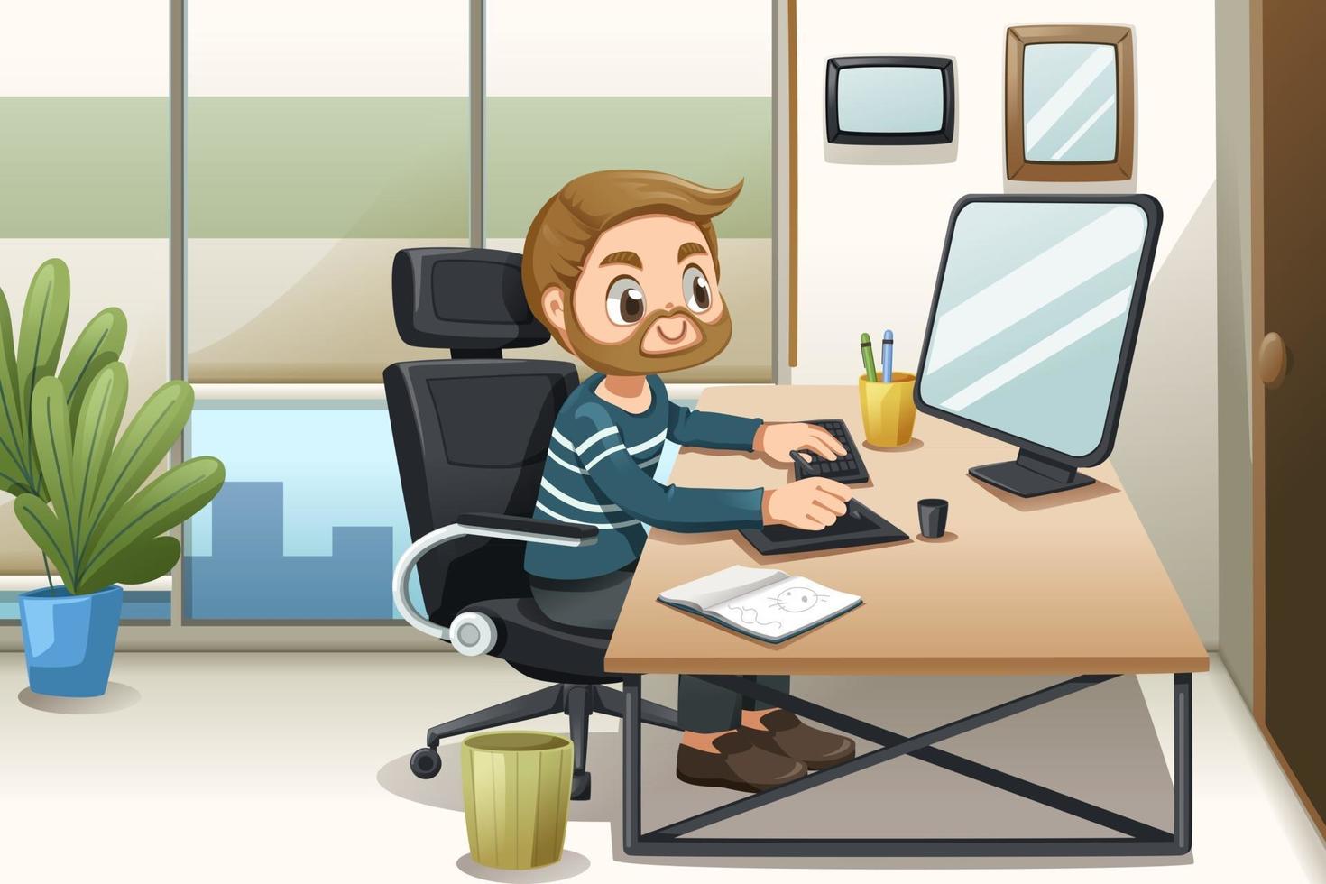 Yougn Graphic Designer man with computer vector