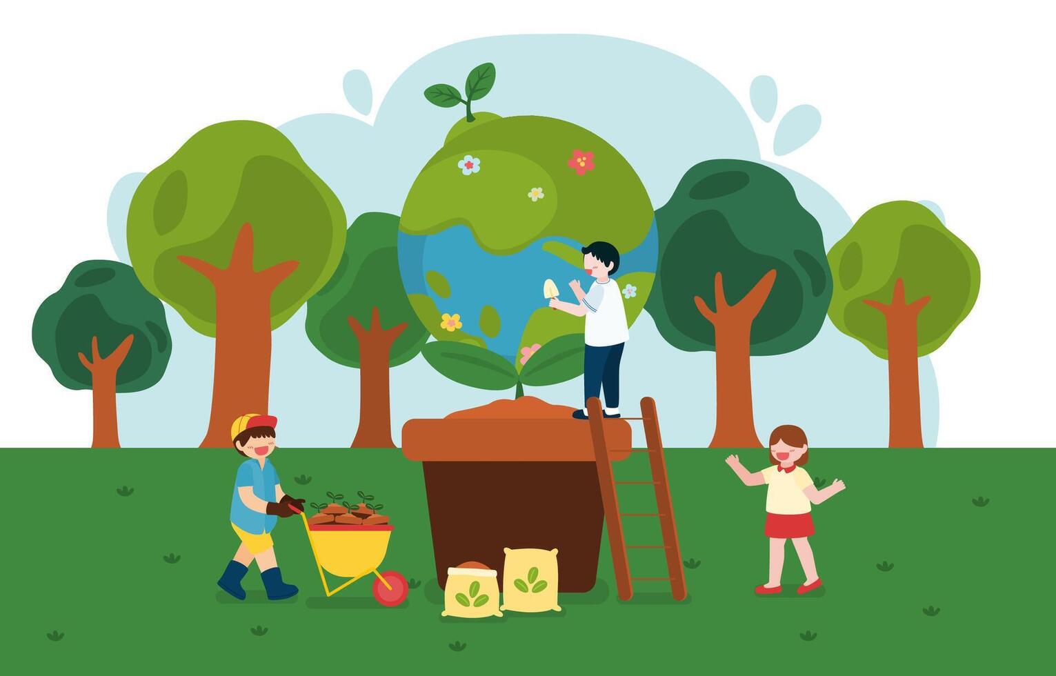 los niños ayudan a plantar árboles en el vector del feliz día de la tierra
