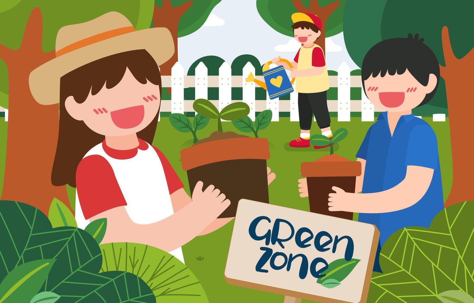 Children help to plant trees on happy earth day vector