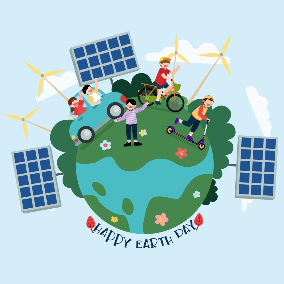 The children Using renewable energy for save the world vector