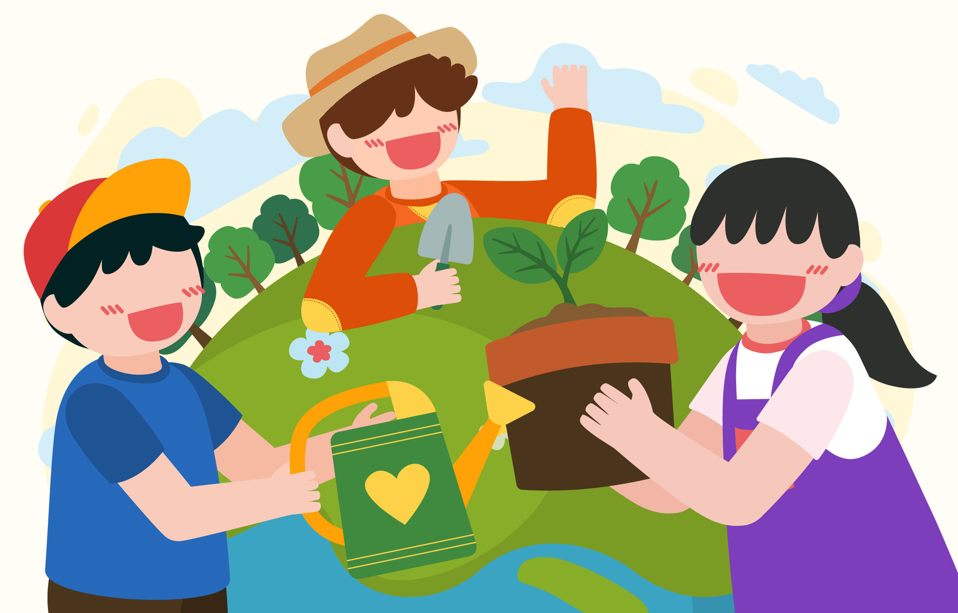 Children help to plant trees on happy earth day vector 2927799 Vector