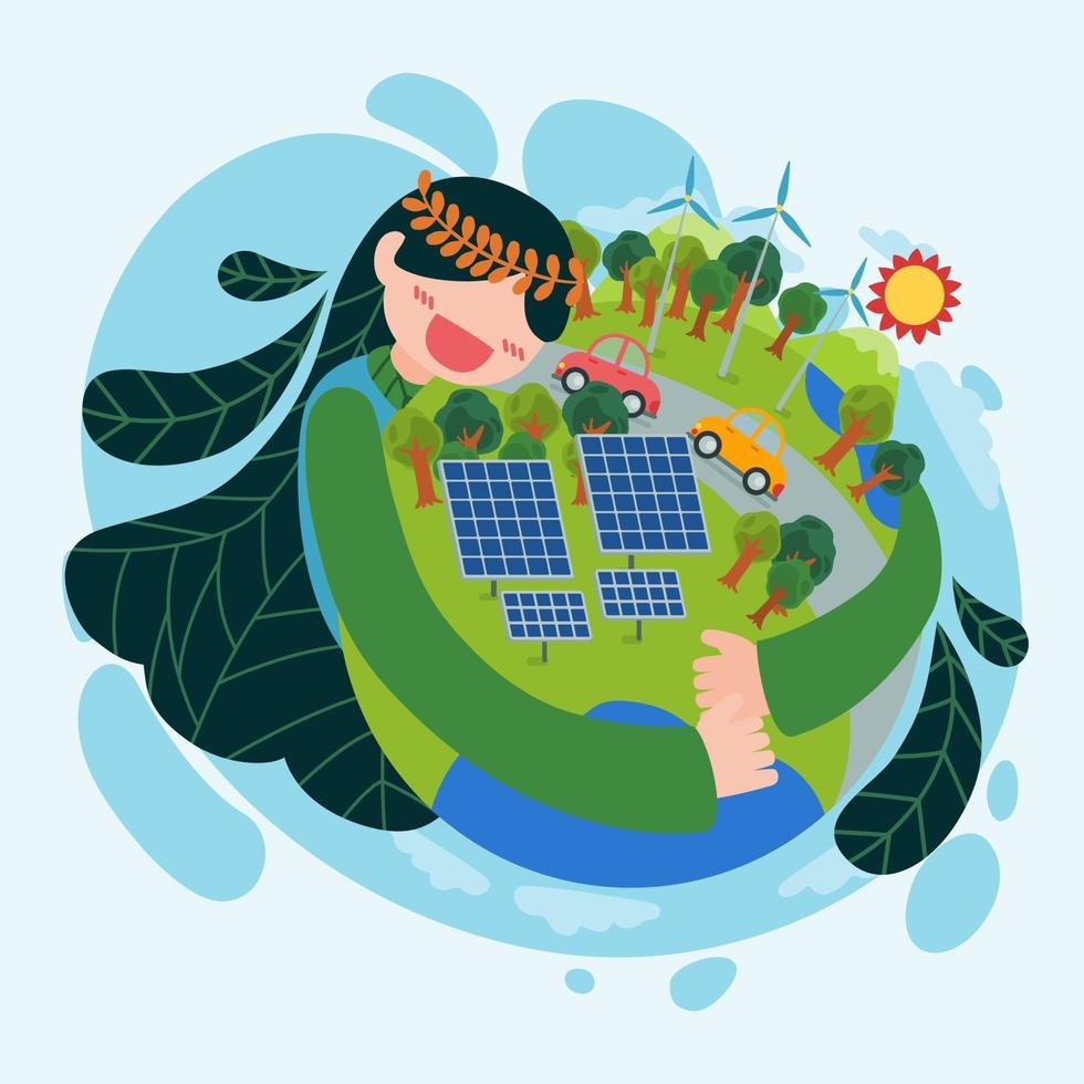 Beautiful woman hugging globe using renewable energy earth day vector
