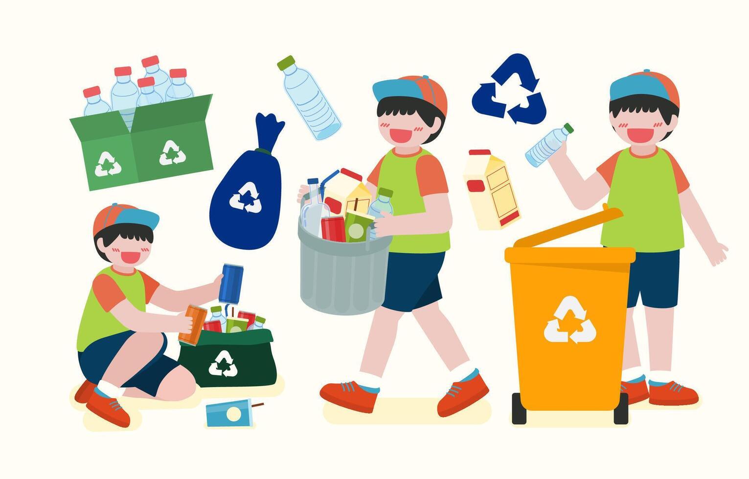 Children help collect plastic bottles in recycling bins vector