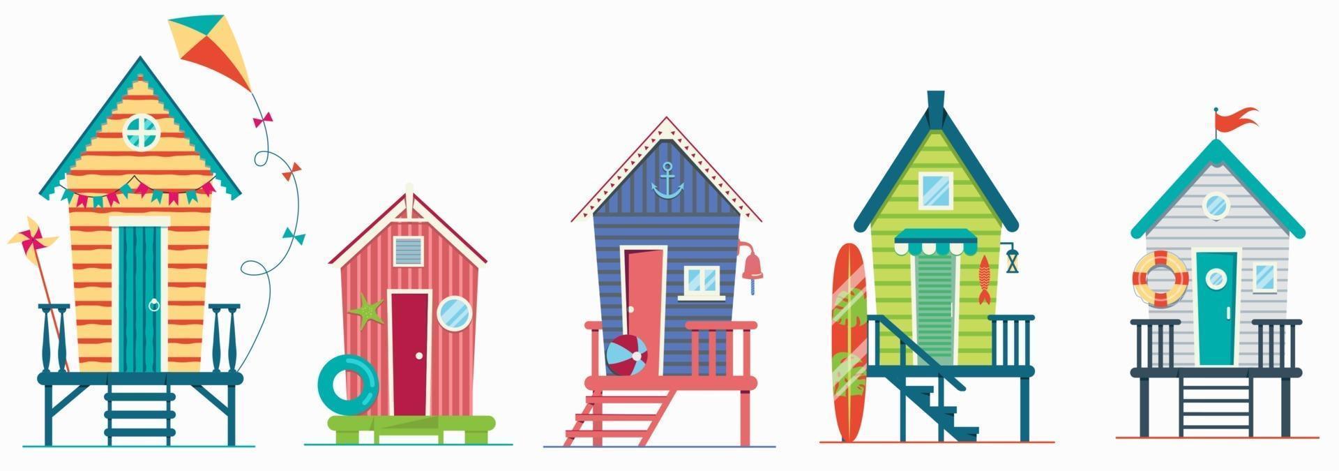 Set of beach houses. Huts and bungalow collection. Marine buildings on sea beach. Flat illustration isolated on white background. vector