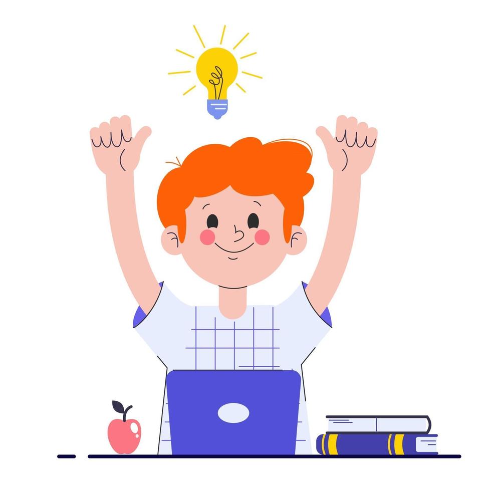 niño feliz con su computadora portátil que tiene una buena idea. Alumno de la escuela primaria. un colegial encontró una solución a una tarea. ilustración vectorial plana. vector