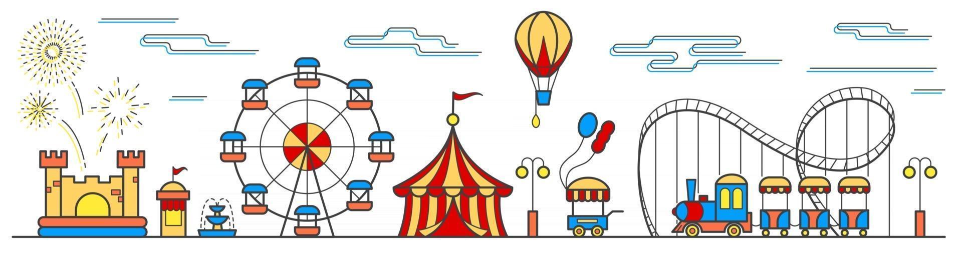 Panorama of an amusement park with a ferris wheel, circus, rides, balloon, bouncy castle and food cart. Landscape of urban park. Vector illustration