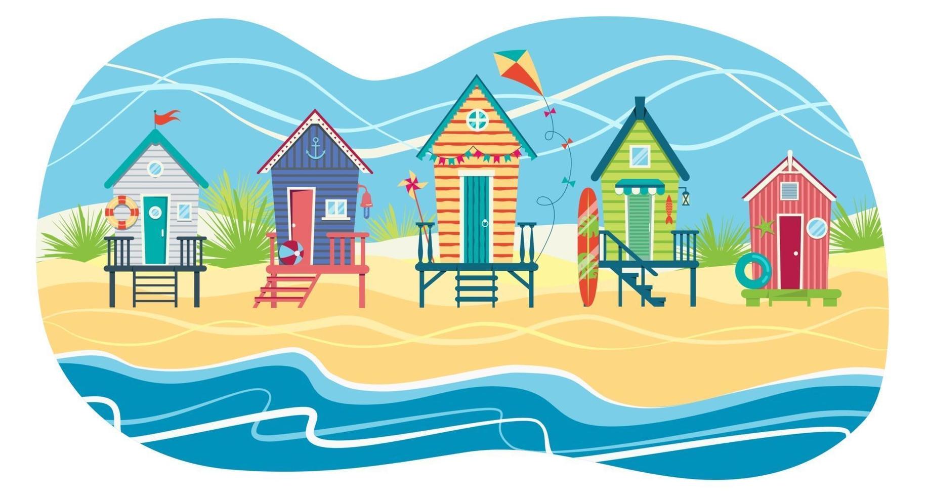 Landscape of a row of beach huts against sea. Summer holiday. Vector flat illustration