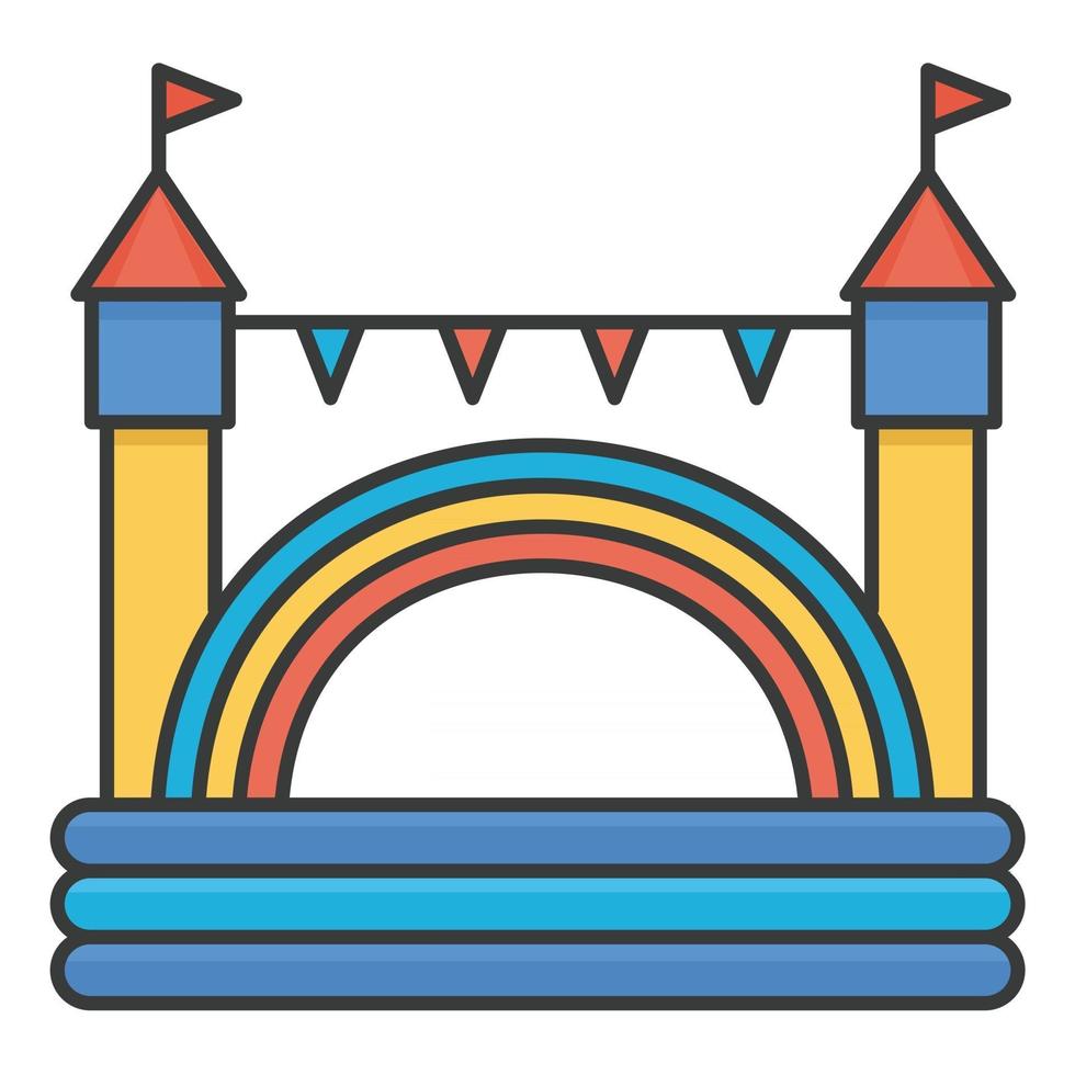 Bouncy inflatable castle. Tower and equipment for child playground. Vector line illustration
