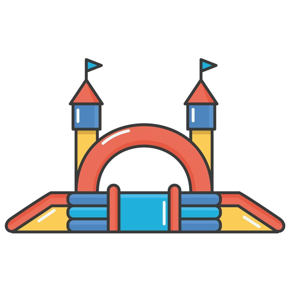 Bouncy inflatable castle. Tower and equipment for child playground. Vector line illustration