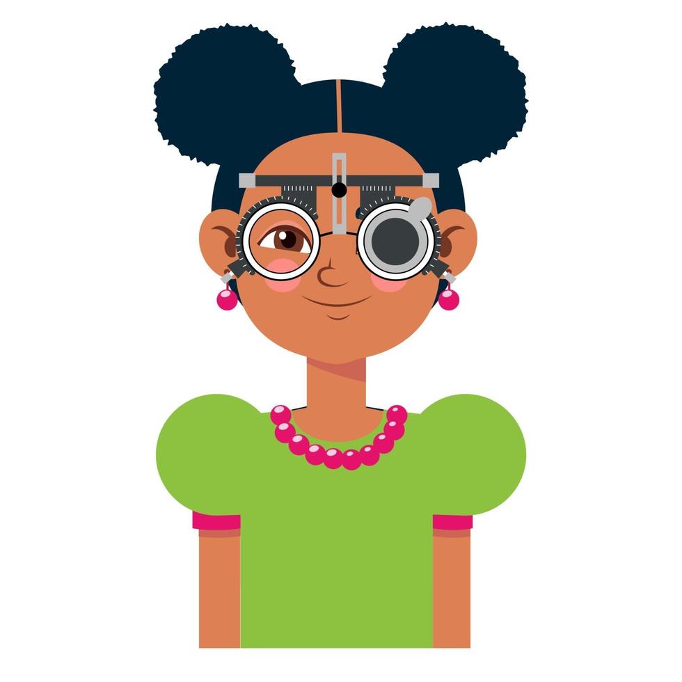 Children vision checkup in ophthalmological clinic. Optometrist checking kid eyesight with spectacles medical equipment. Glasses lens selection. Girl flat cartoon character illustration vector