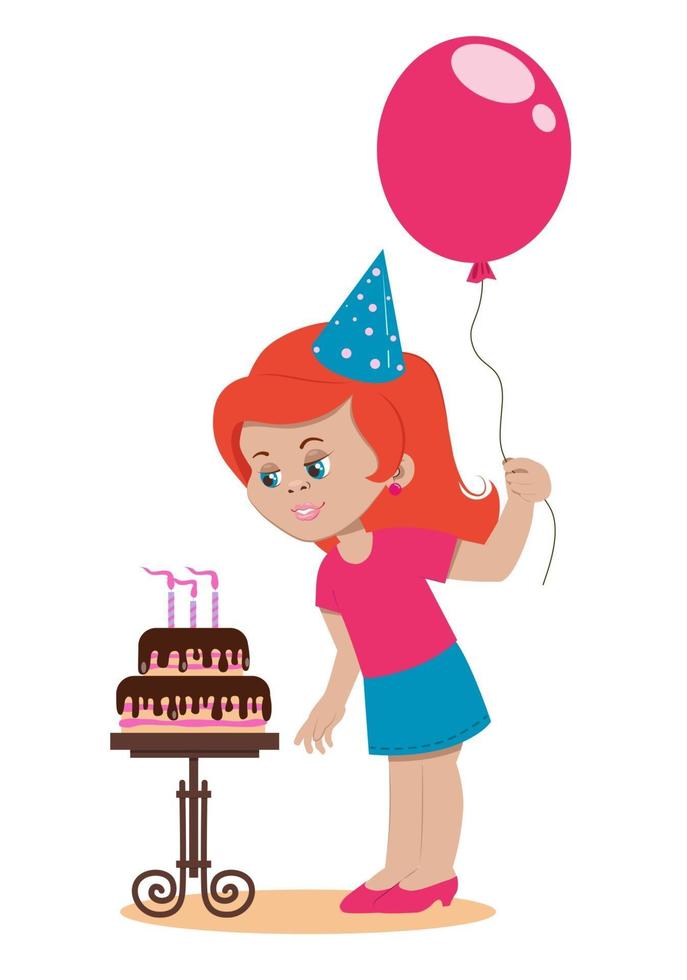 The birthday girl at the party blows out the candles on the cake. Cartoon character isolated on a white background. Vector illustration.