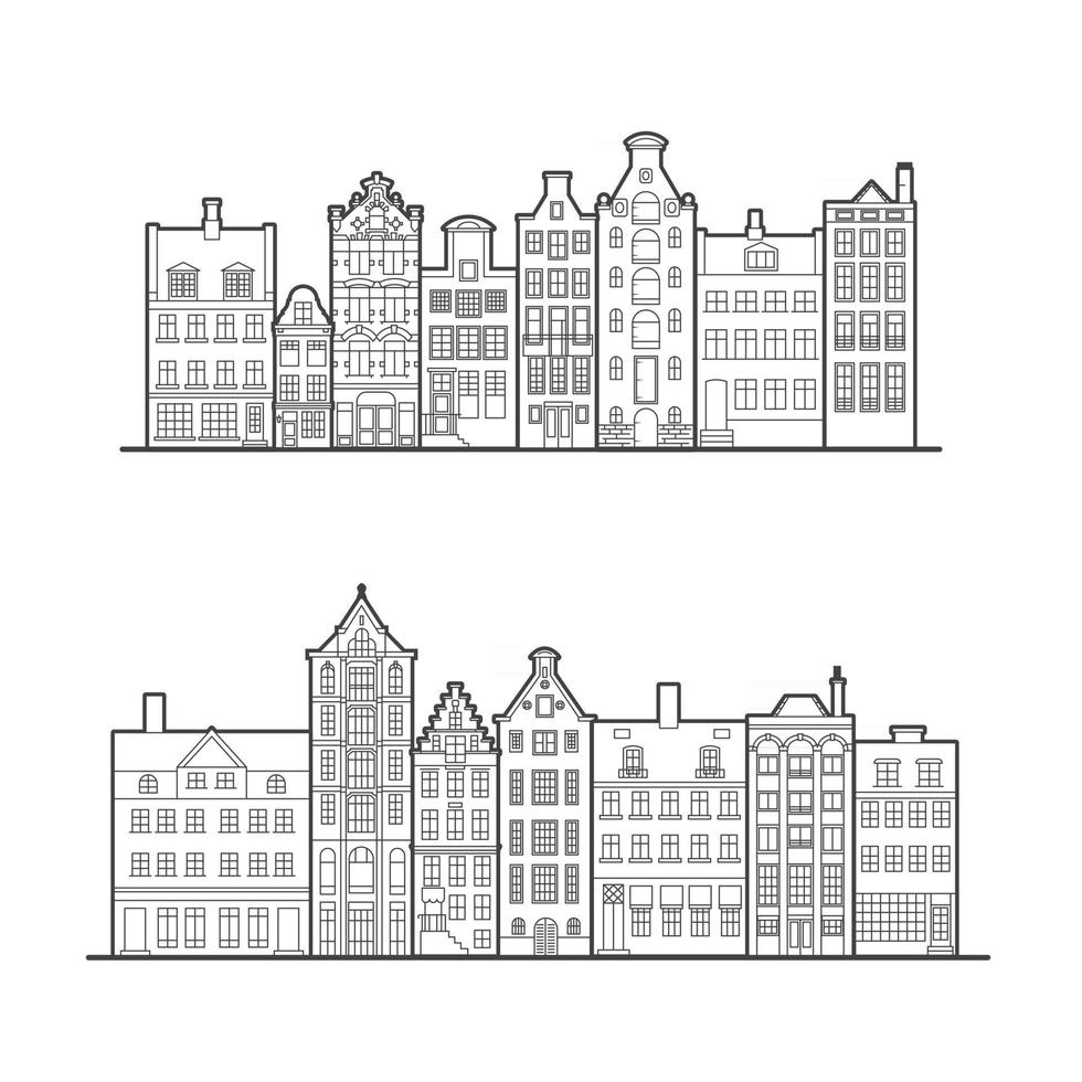 casas de estilo antiguo de amsterdam. casas de canal típicas holandesas alineadas cerca de un canal en los países bajos. edificio y fachadas para pancarta o póster. ilustración de contorno vectorial. vector