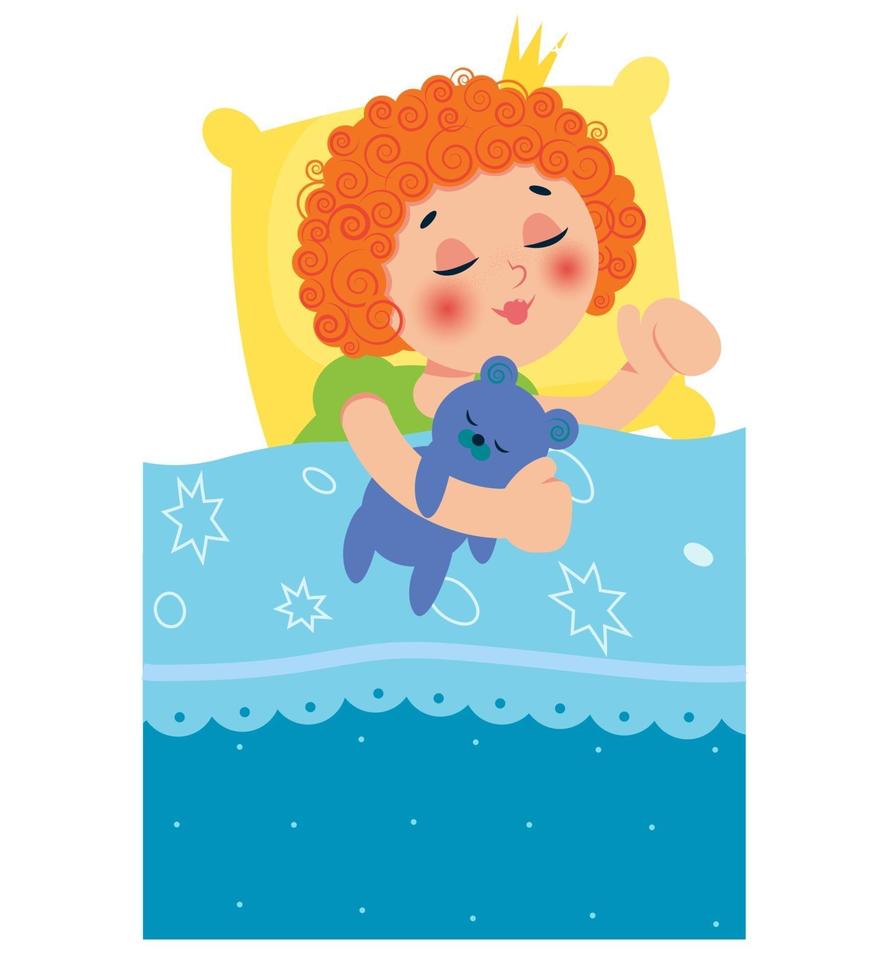 Girl sleeping in bed after a pajama party. Vector illustration.