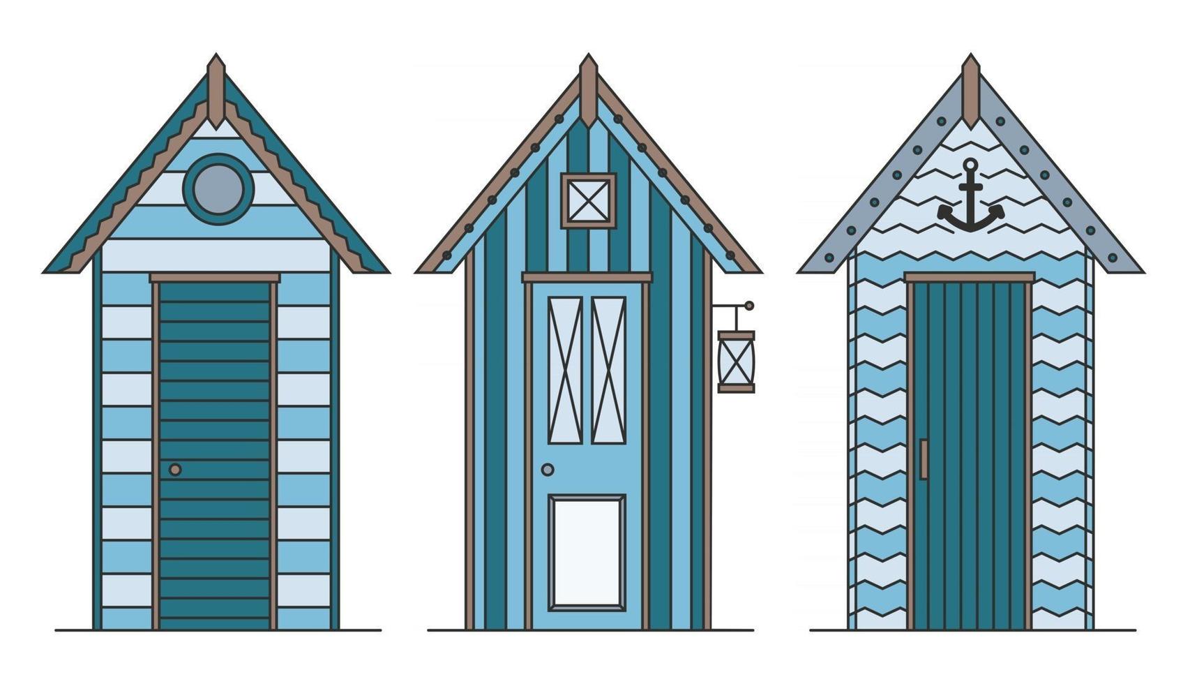 conjunto de casas de playa. colección de cabañas y bungalows. edificios marinos en la playa del mar. ilustración plana aislada sobre fondo blanco. vector