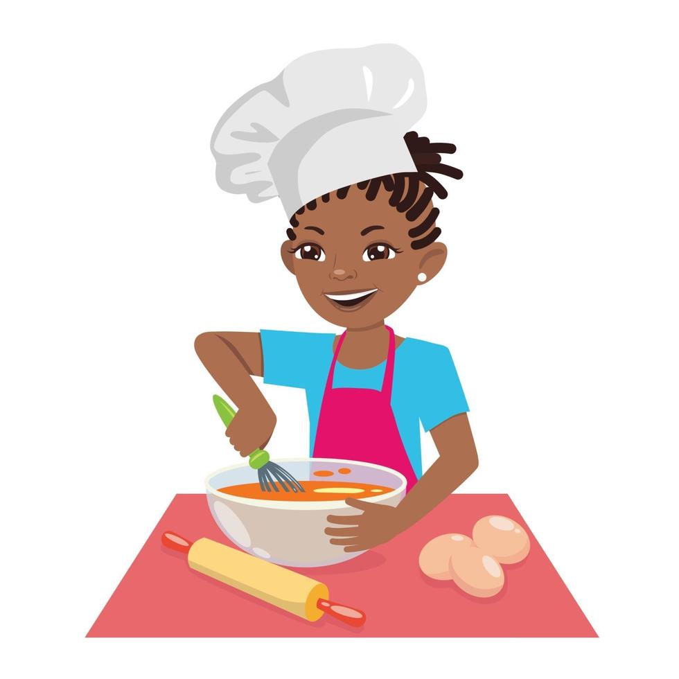 una adolescente afroamericana cocina una comida con un gorro de chef. una cocinera es pastelera. Ilustración de dibujos animados de vector sobre fondo blanco.
