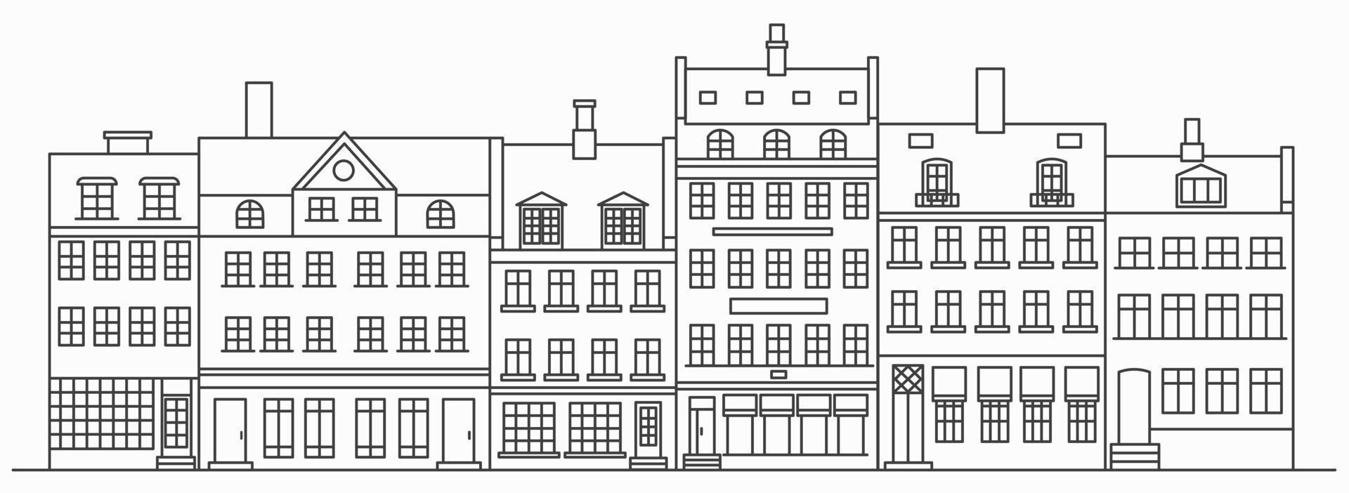 Amsterdam buildings skyline. Linear cityscape with various row houses. Outline illustration with old Dutch buildings. vector