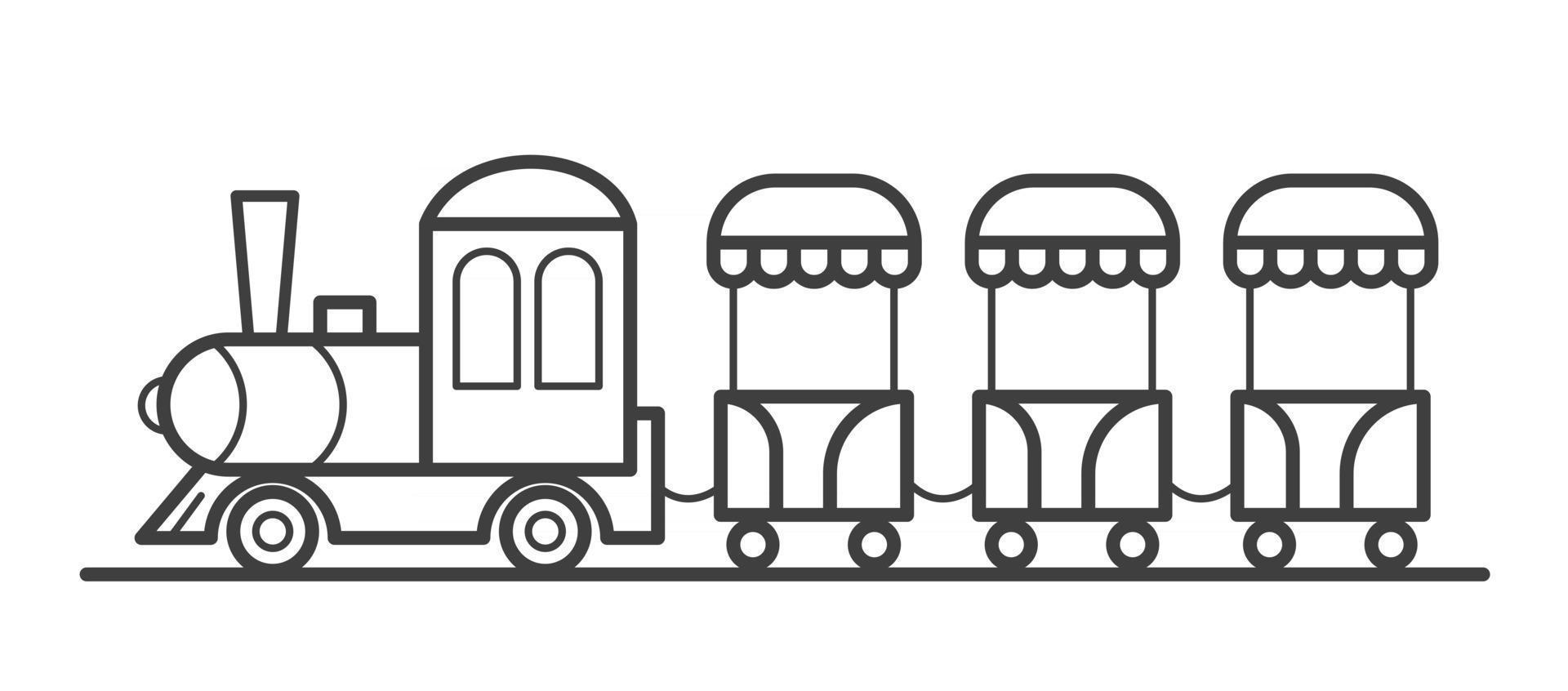 A train with carriages in an amusement park. An attraction for children. Outline vector line illustration. Icon