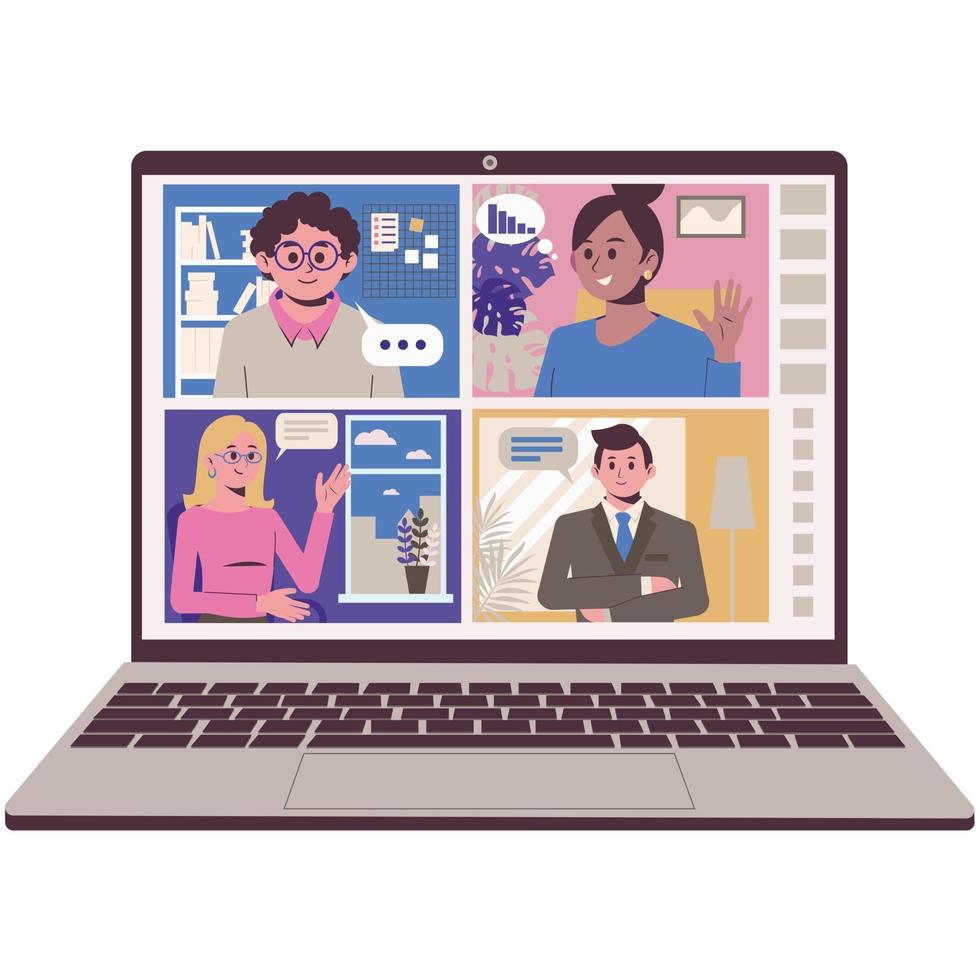 Online communication with friends and colleagues. Remote video conferencing. Screenshot of a laptop screen. Vector illustration.