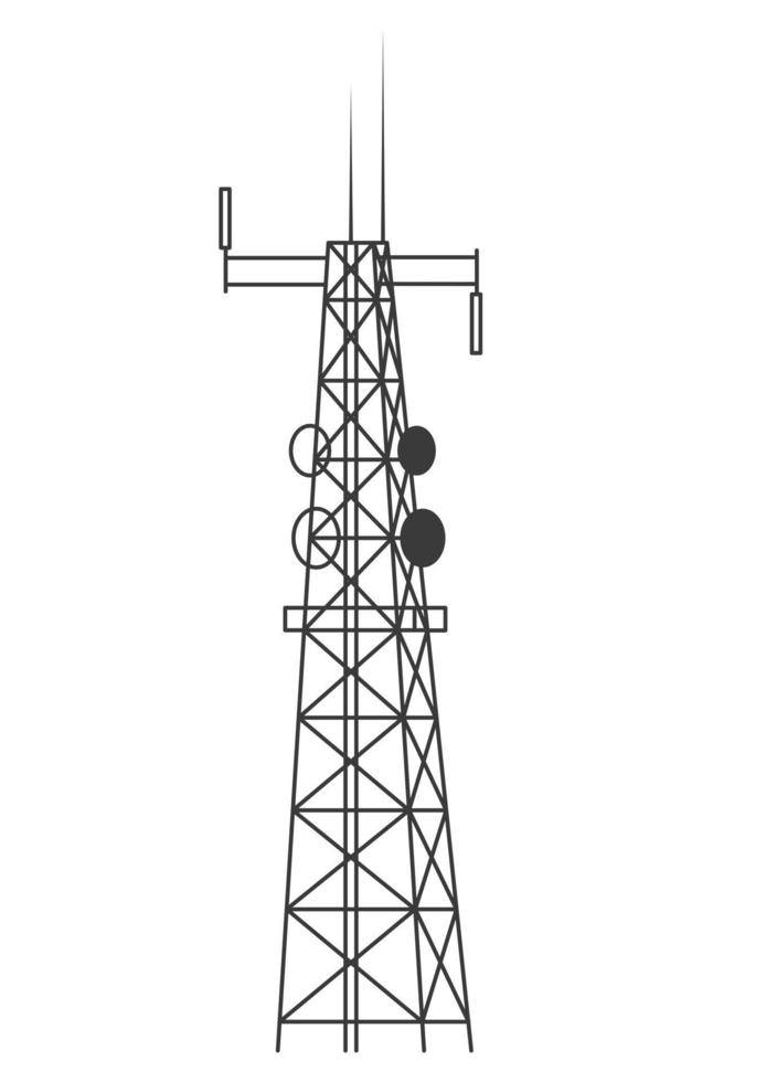 Transmission cellular tower. Mobile and radio communications tower with antennas for wireless connections. Outline vector illustration isolated on white background.