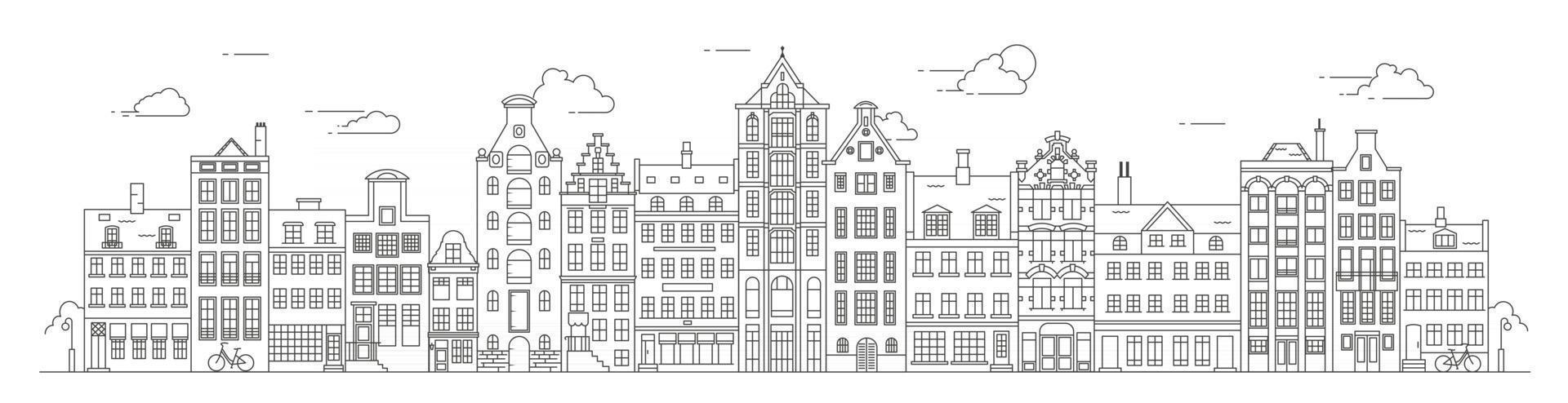 Amsterdam old style houses. Typical dutch canal houses lined up near a canal in the Netherlands. Building and facades for Banner or poster. Vector outline illustration.