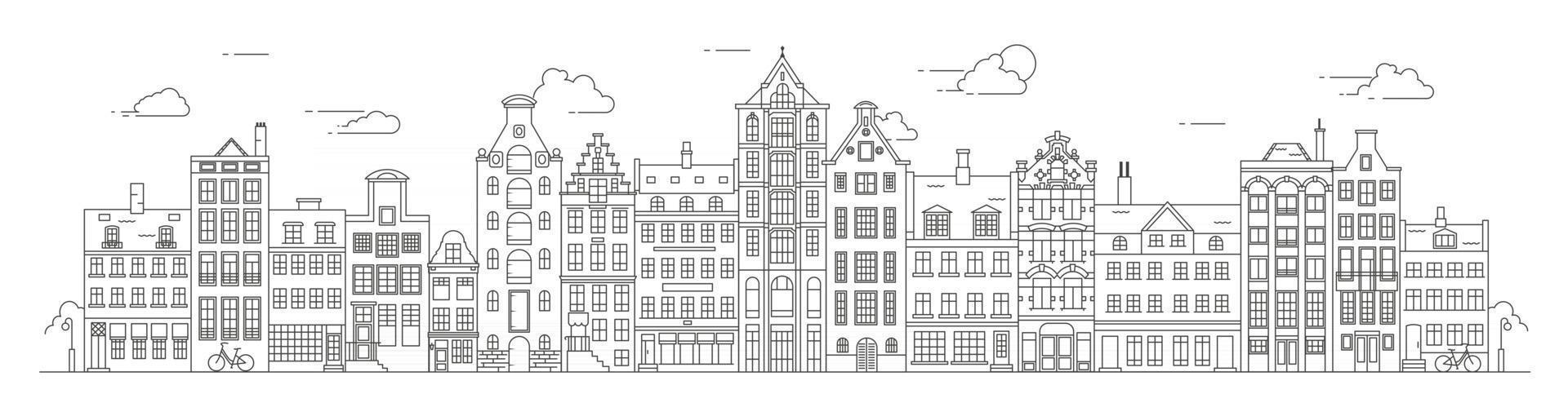 casas de estilo antiguo de amsterdam. casas de canal típicas holandesas alineadas cerca de un canal en los países bajos. edificio y fachadas para pancarta o póster. ilustración de contorno vectorial. vector