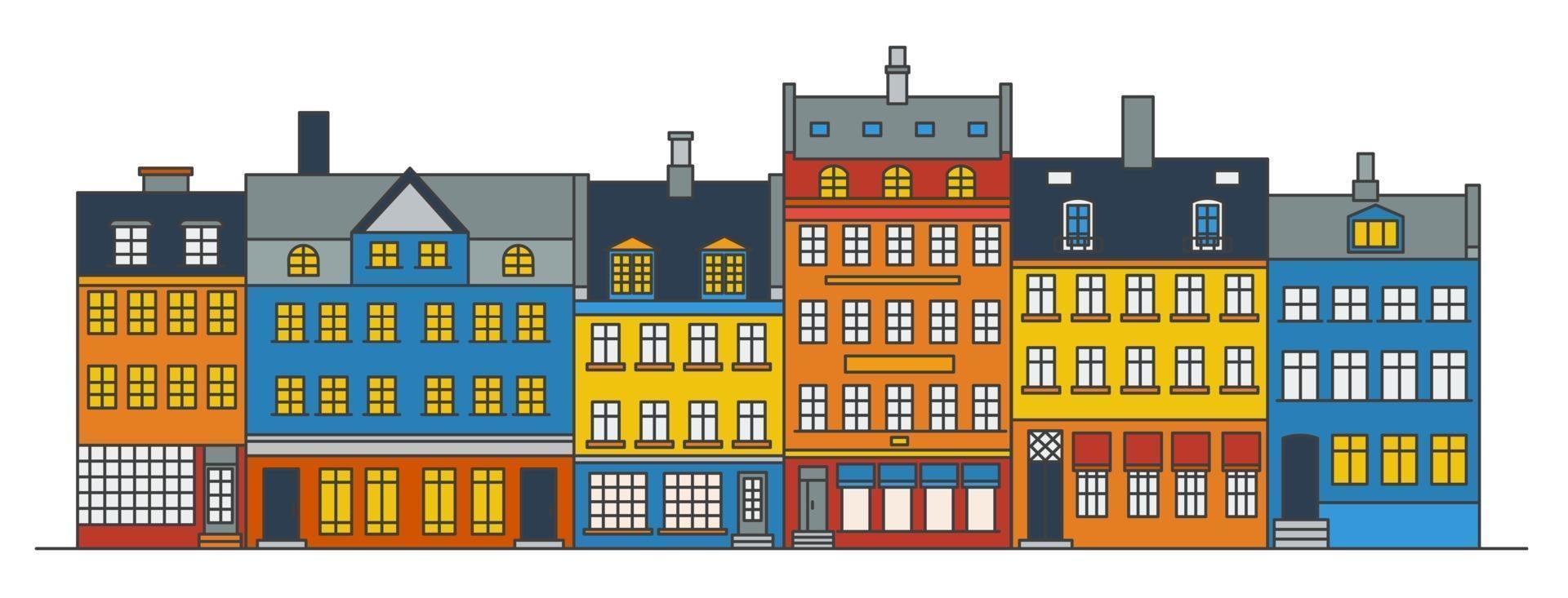 horizonte de edificios de amsterdam. Paisaje urbano de color lineal con varias casas en hilera. Ilustración de contorno con viejos edificios holandeses. vector