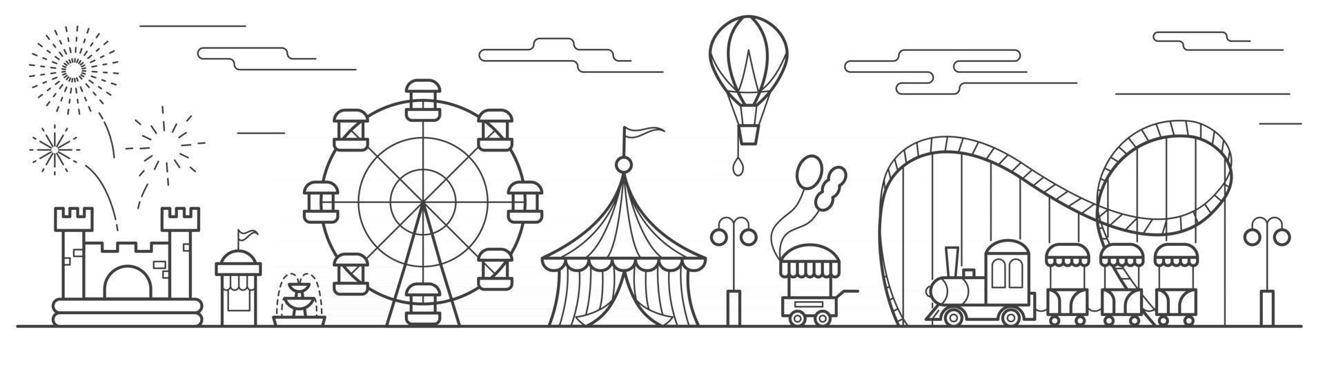 panorama de un parque de atracciones con noria, circo, atracciones, globo, castillo hinchable. paisaje del parque urbano. ilustración vectorial de contorno vector