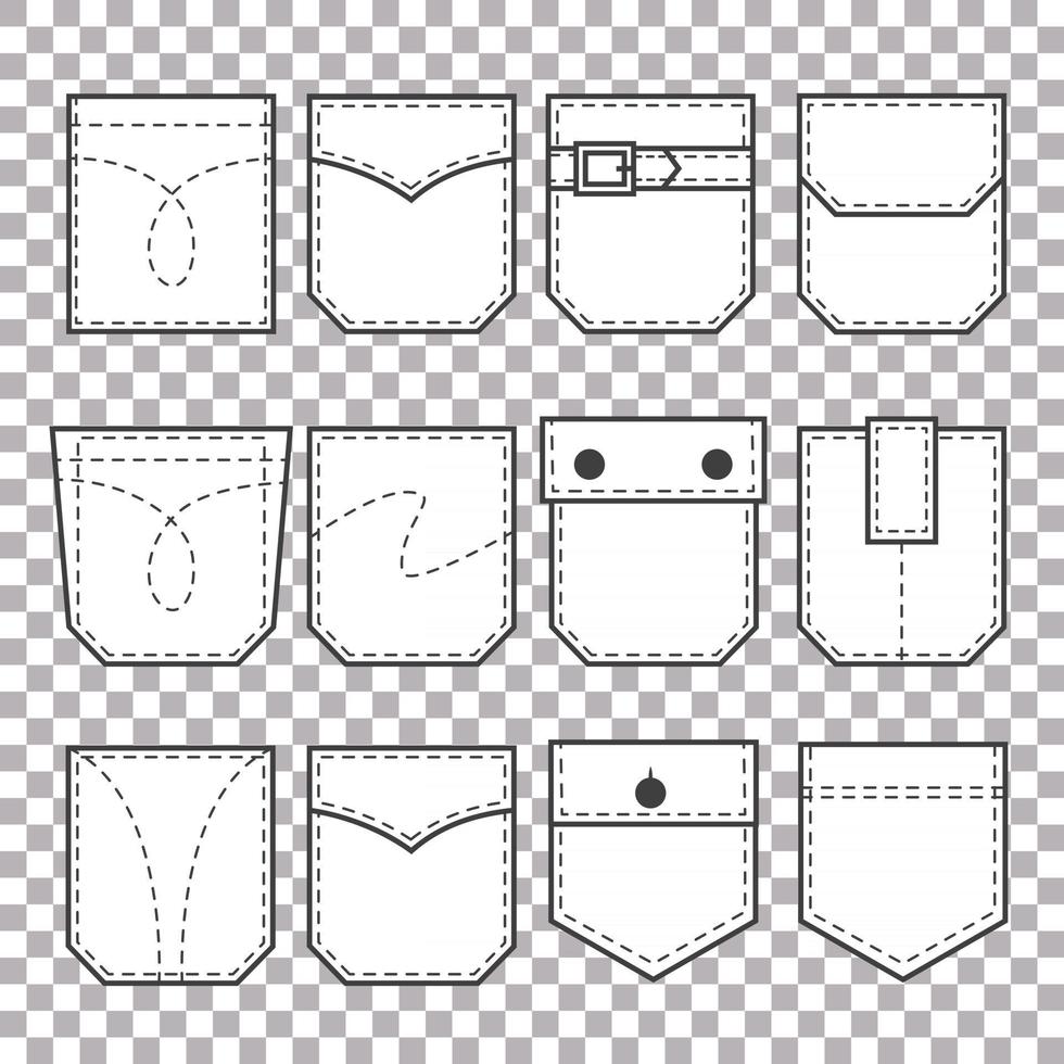 Set of pocket patches. Elements for uniform or casual style clothes, dresses and shirts. Line vector illustration