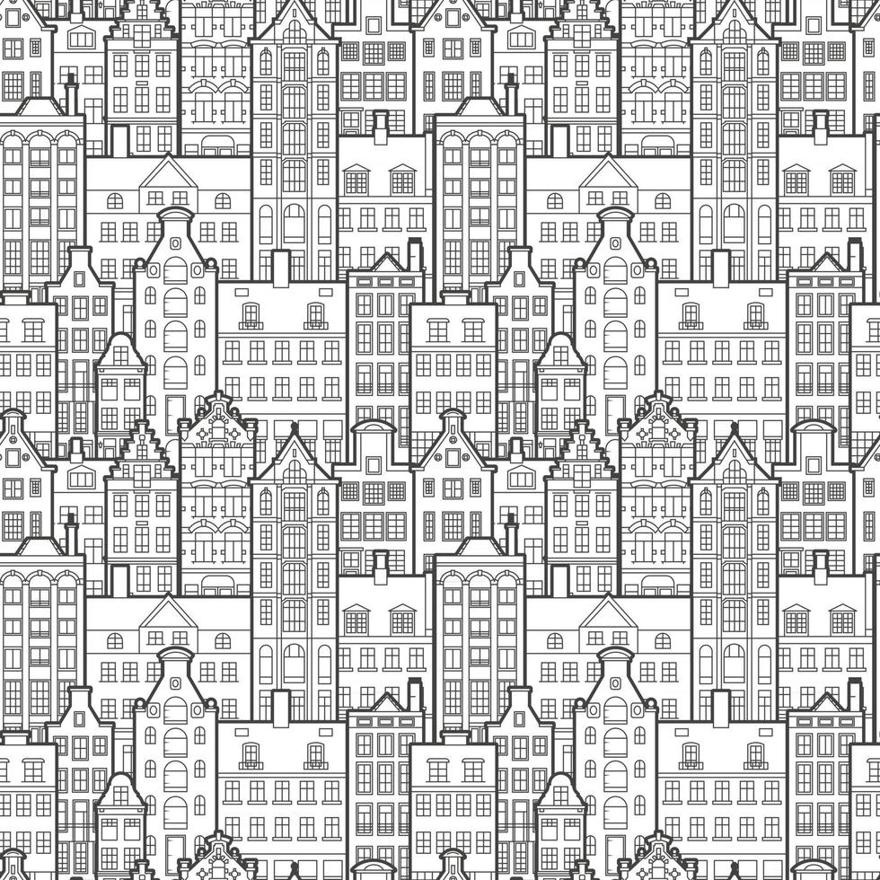 Seamless pattern of old european city. Holland houses facades in traditional Dutch style. The Decorative Architecture of Amsterdam. Black and white background vector