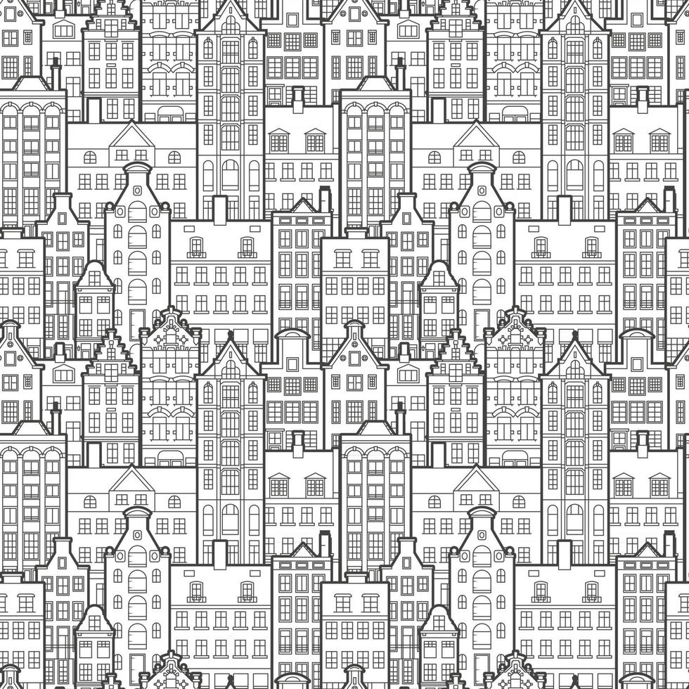 patrón sin fisuras de la vieja ciudad europea. Holanda alberga fachadas en estilo tradicional holandés. la arquitectura decorativa de ámsterdam. fondo blanco y negro vector