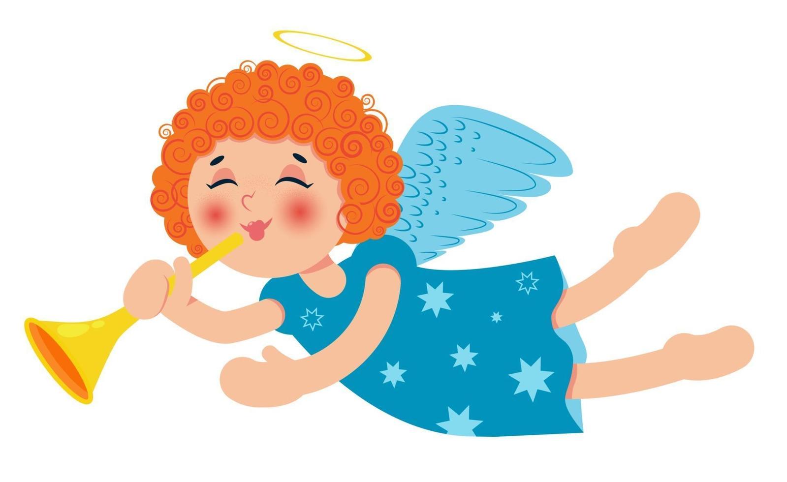 lindo angelito navideño con trompeta. niña pelirroja rizada. personaje animado. ilustración vectorial. vector