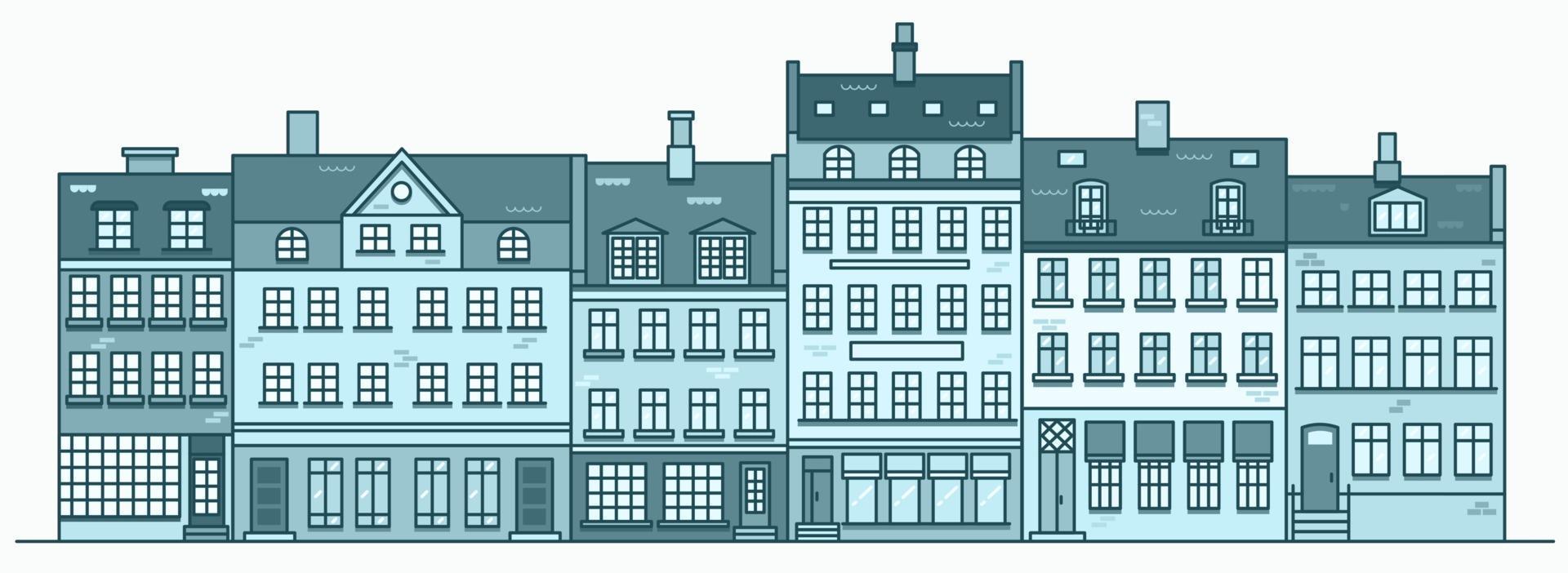 Amsterdam buildings skyline. Linear cityscape with various row houses. Outline illustration with old Dutch buildings. vector