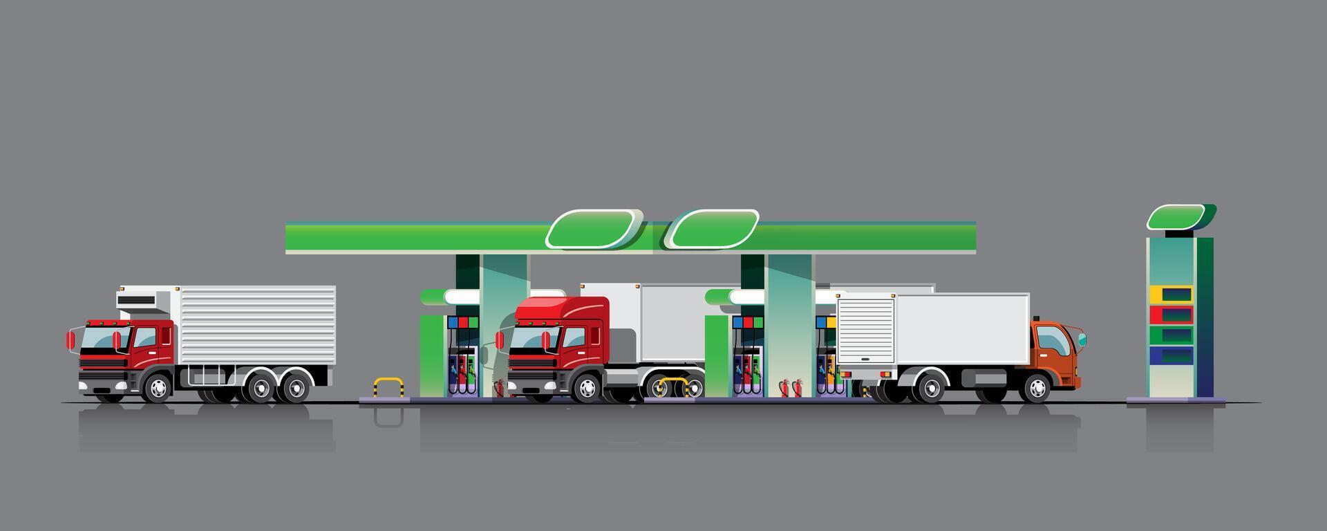 Fuel tranker truck filling up at oil station vector