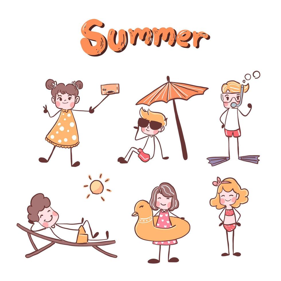 Boys and girls go to the sea in the summer, diving, swimming, taking pictures, and relaxing. vector