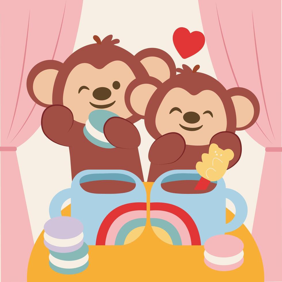 Two bears eat hot cocoa with cookies stuffed with cream. vector