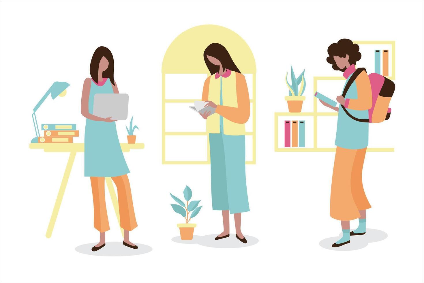 Girl reading a open book in her hands. Concept illustration of learning vector