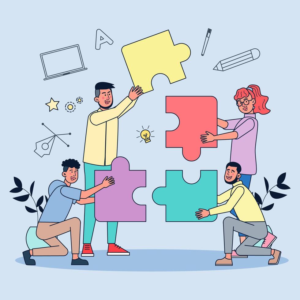 Creatives work together to create works. Like connecting to a complete jigsaw puzzle vector