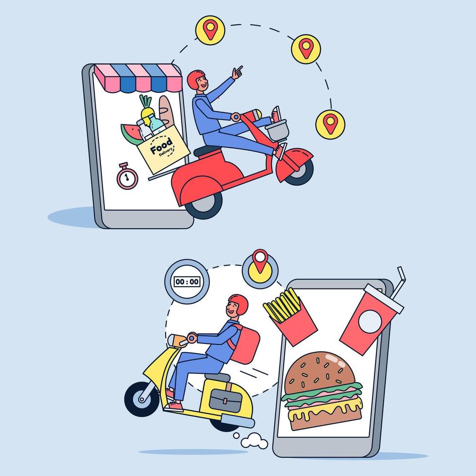 Online delivery, ordering service and delivery straight to your hand quickly. vector