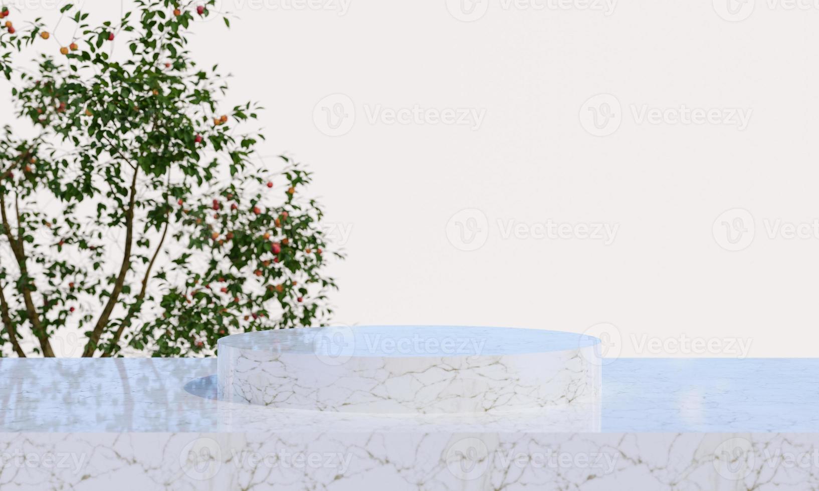 marble product display podium with blurred nature leaves background. 3D rendering photo