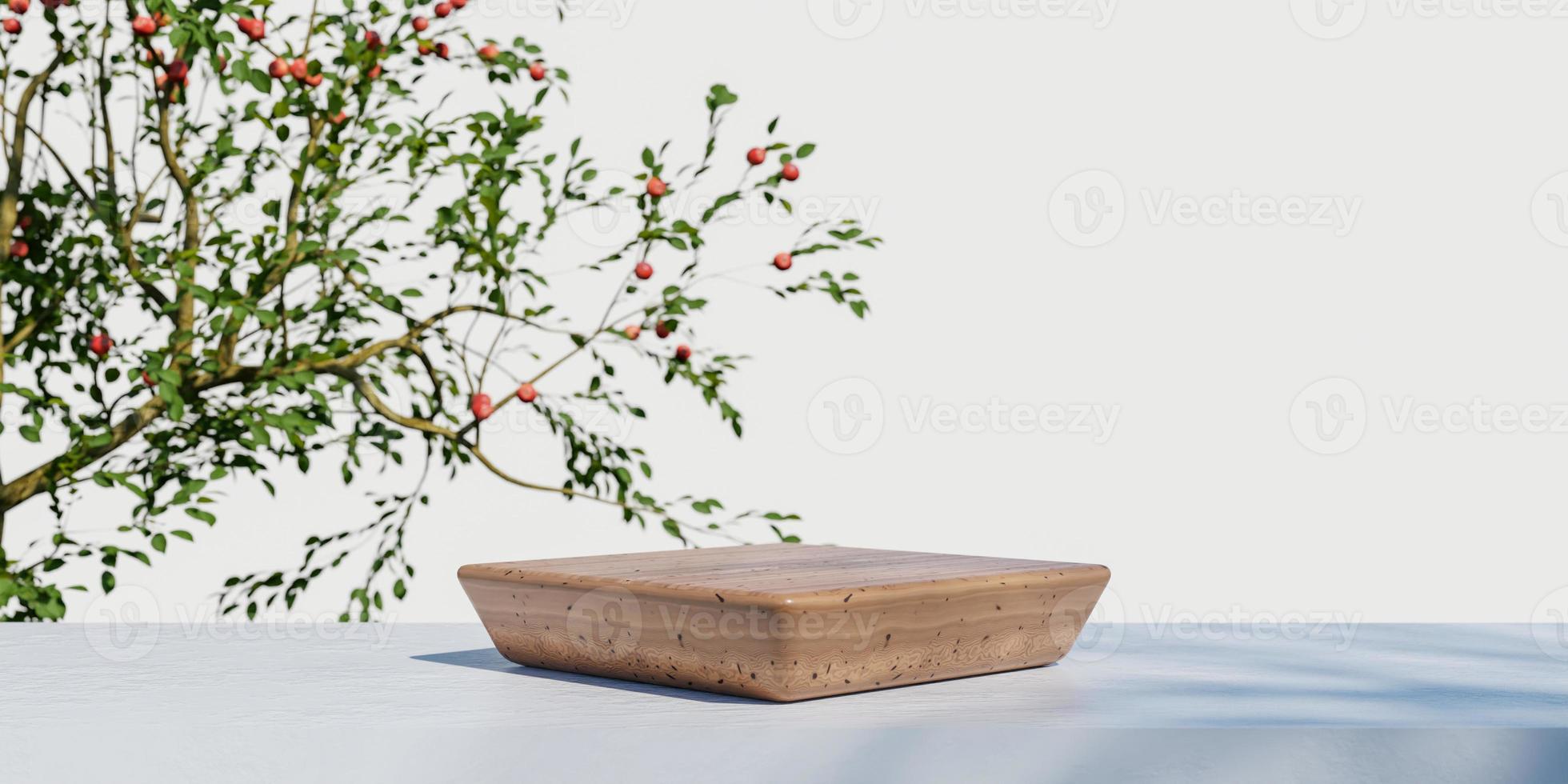 Wooden product display podium with blurred nature leaves background. 3D rendering photo