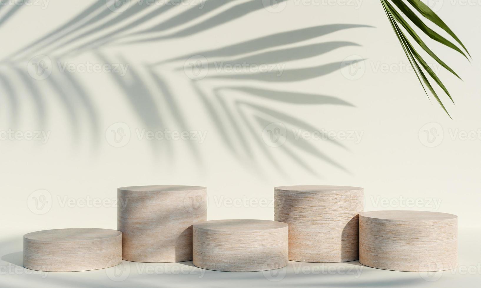 Wooden product display podium with shadow nature leaves on white background. 3D rendering photo