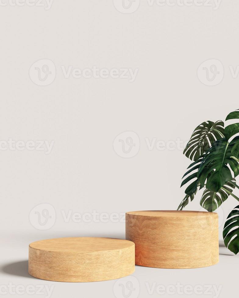 Wooden product display podium with nature leaves on pastel background. 3D rendering photo