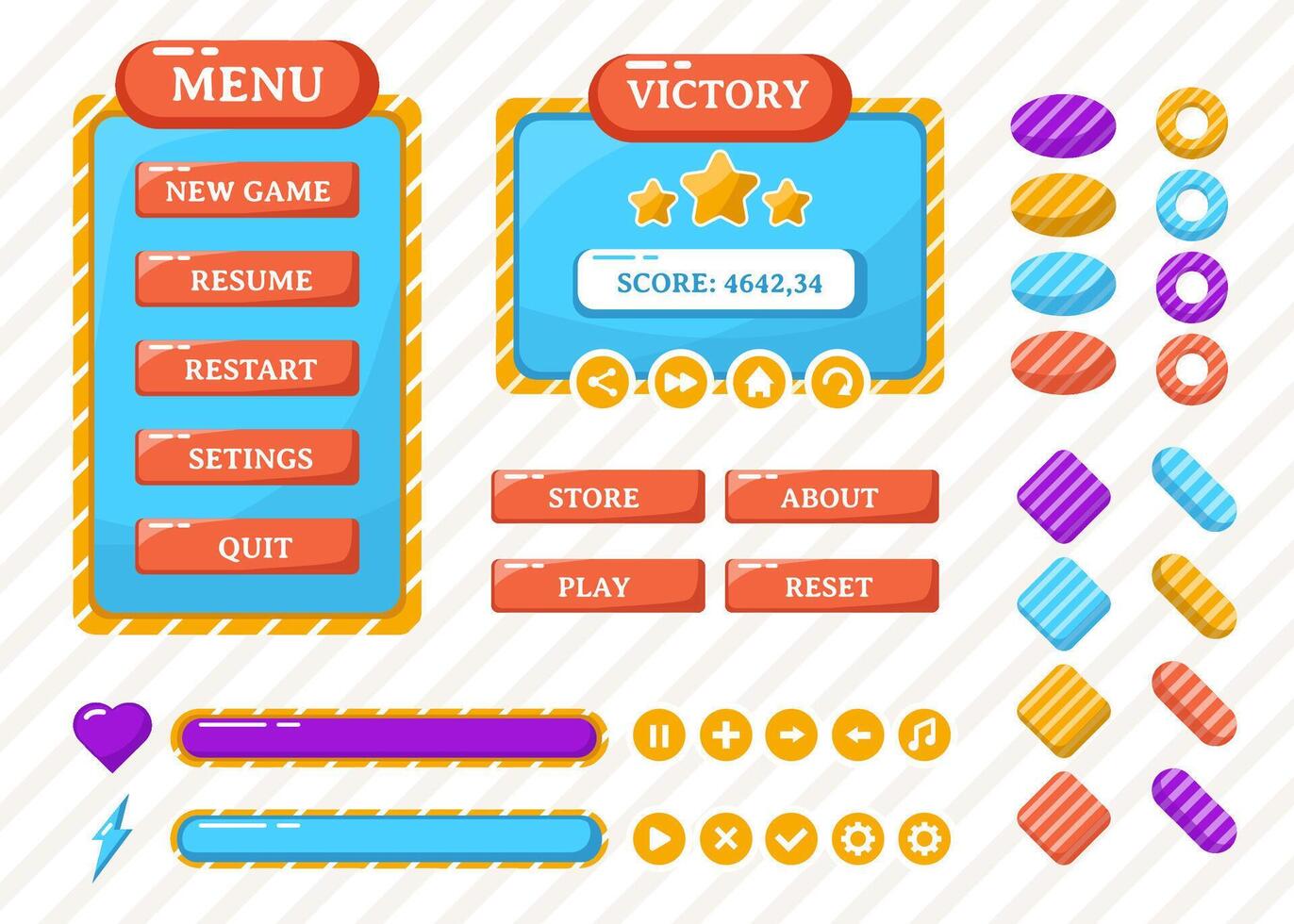 Design for Complete set of score button game pop-up, icon, window and elements vector