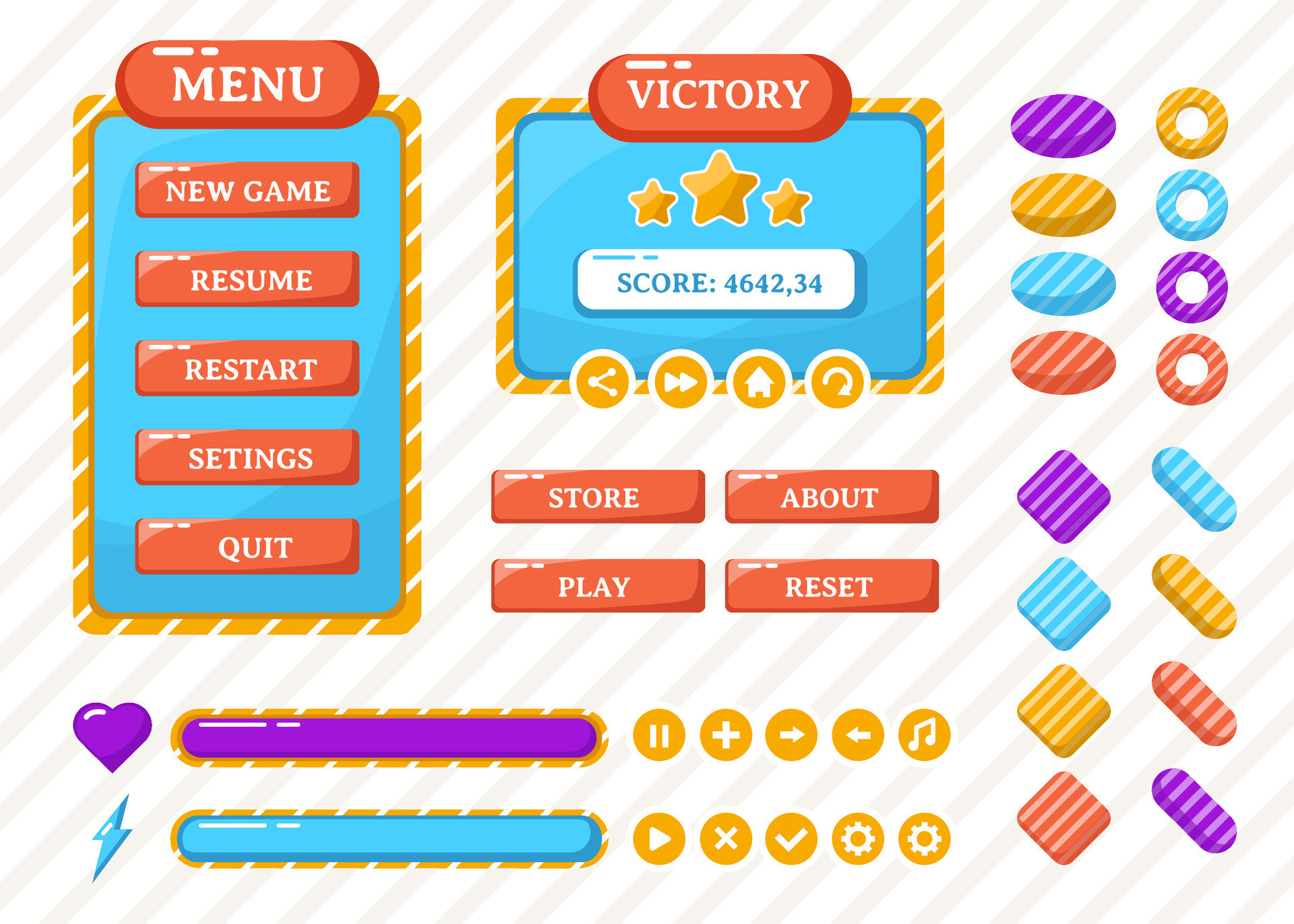 Free Vector  Complete set of menu button game pop-up, icon